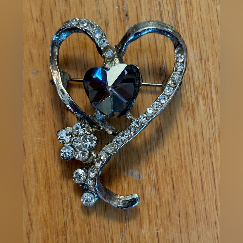 Silver Heart Brooch with Rhinestones